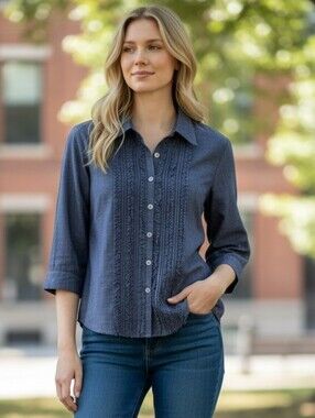 Alfred Dunner Navy Chambray Ruffle-Trim Button Down Shirt